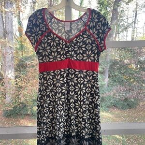 Black and White Lightweight Sweater Dress with Red Accents